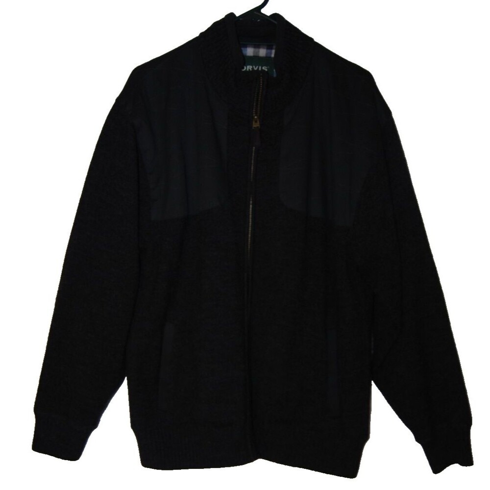 ORVIS Size Large Mens 100% Wool Full Zip Jacket Dark Gray Blue Check Lined